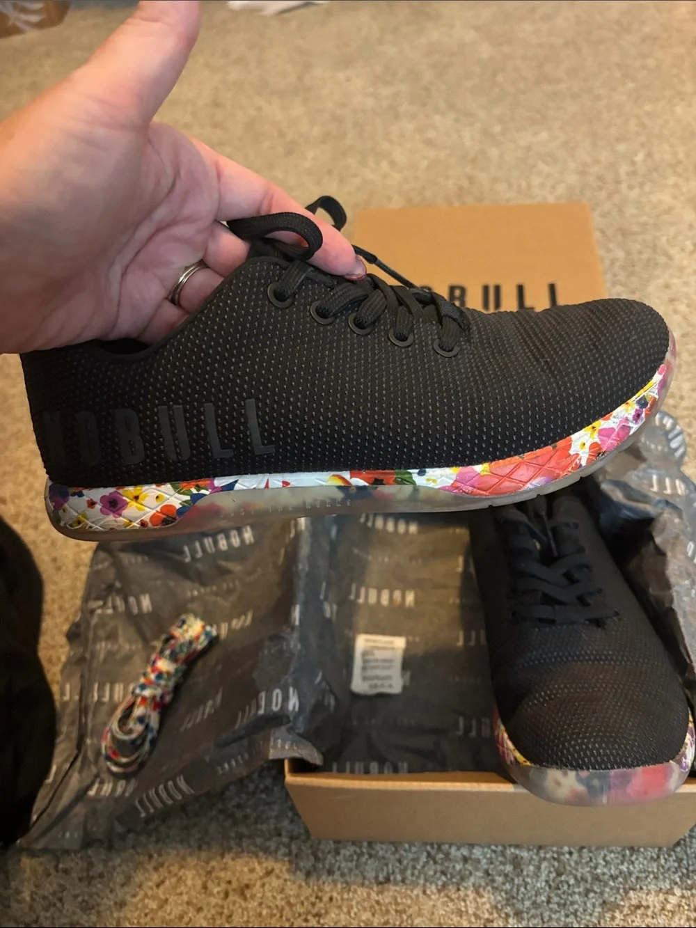 NOBULL Women’s Black Trainers with Multicolor Flower Marble Sole